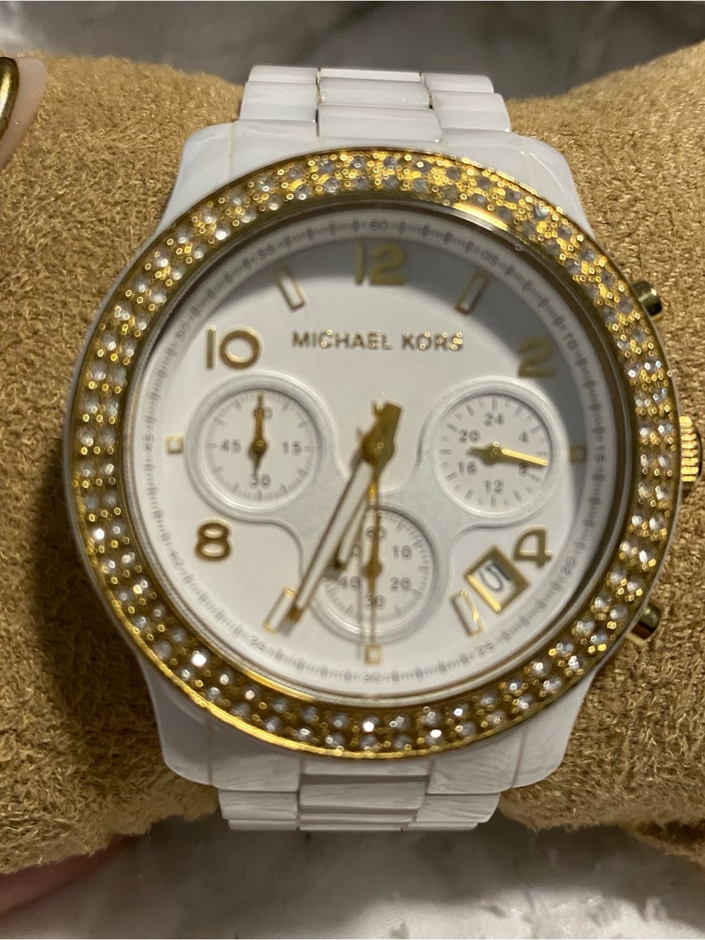 Michael Kors White and Gold Crystal Bezel Chronograph Watch Ceramic Band